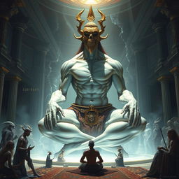 A stunning fantasy artwork depicting the grand emergence of Ohv, the God of Judgement, a colossal figure carved from myth, towering over smaller deities in a celestial Lounge