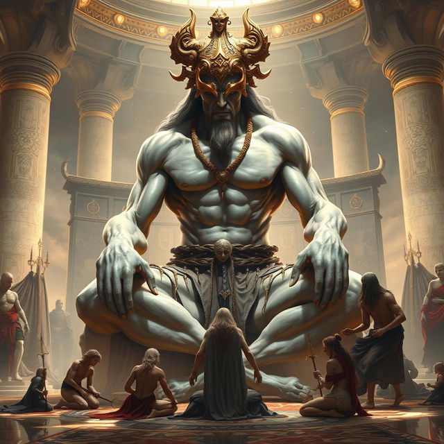 A stunning fantasy artwork depicting the grand emergence of Ohv, the God of Judgement, a colossal figure carved from myth, towering over smaller deities in a celestial Lounge