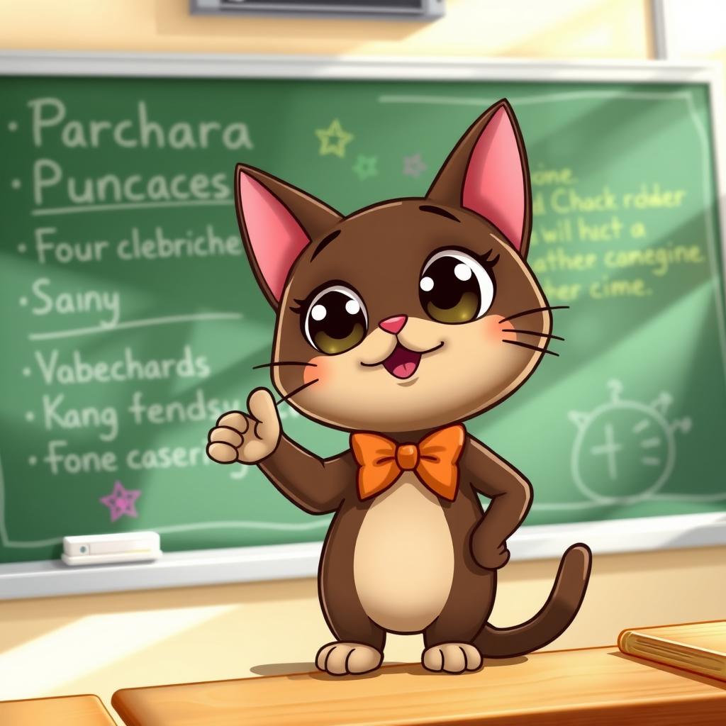 Chococat, the cute and quirky character, is standing in front of a chalkboard with a playful smile