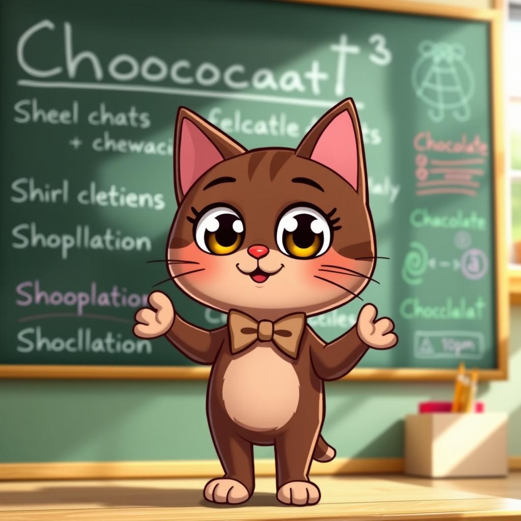 Chococat, the cute and quirky character, is standing in front of a chalkboard with a playful smile