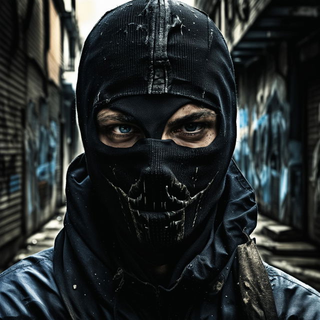 Gritty album cover featuring a close-up headshot of a man in a black balaclava against a blurred urban backdrop. His intense blue eyes stare out defiantly from beneath the fabric.