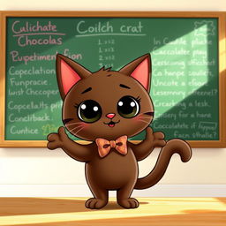 Chococat, the cute and quirky character, is standing in front of a chalkboard with a playful smile