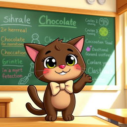 Chococat, the cute and quirky character, is standing in front of a chalkboard with a playful smile