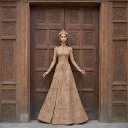 An anthropomorphic wooden door wearing a long, elegant dress with intricate designs.