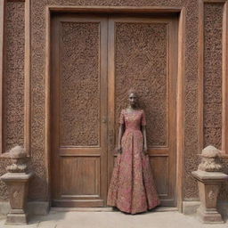 An anthropomorphic wooden door wearing a long, elegant dress with intricate designs.