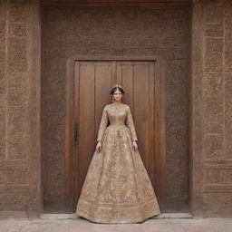 An anthropomorphic wooden door wearing a long, elegant dress with intricate designs.