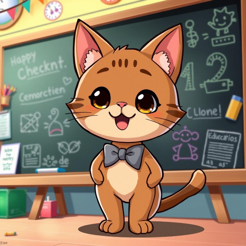 A cartoon depiction of Chococat, the adorable feline character, standing cheerfully in front of a large blackboard