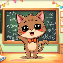 A cartoon depiction of Chococat, the adorable feline character, standing cheerfully in front of a large blackboard