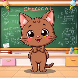 A cartoon depiction of Chococat, the adorable feline character, standing cheerfully in front of a large blackboard