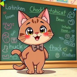 A cartoon depiction of Chococat, the adorable feline character, standing cheerfully in front of a large blackboard