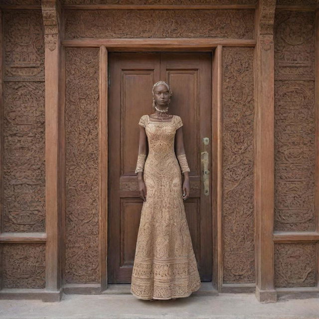 An anthropomorphic wooden door wearing a long, elegant dress with intricate designs.