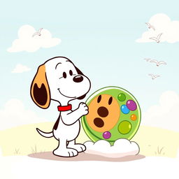 A playful and adorable cartoon illustration of Snoopy, the beloved beagle character from the Peanuts comic strip, interacting with a whimsical cartoon cell