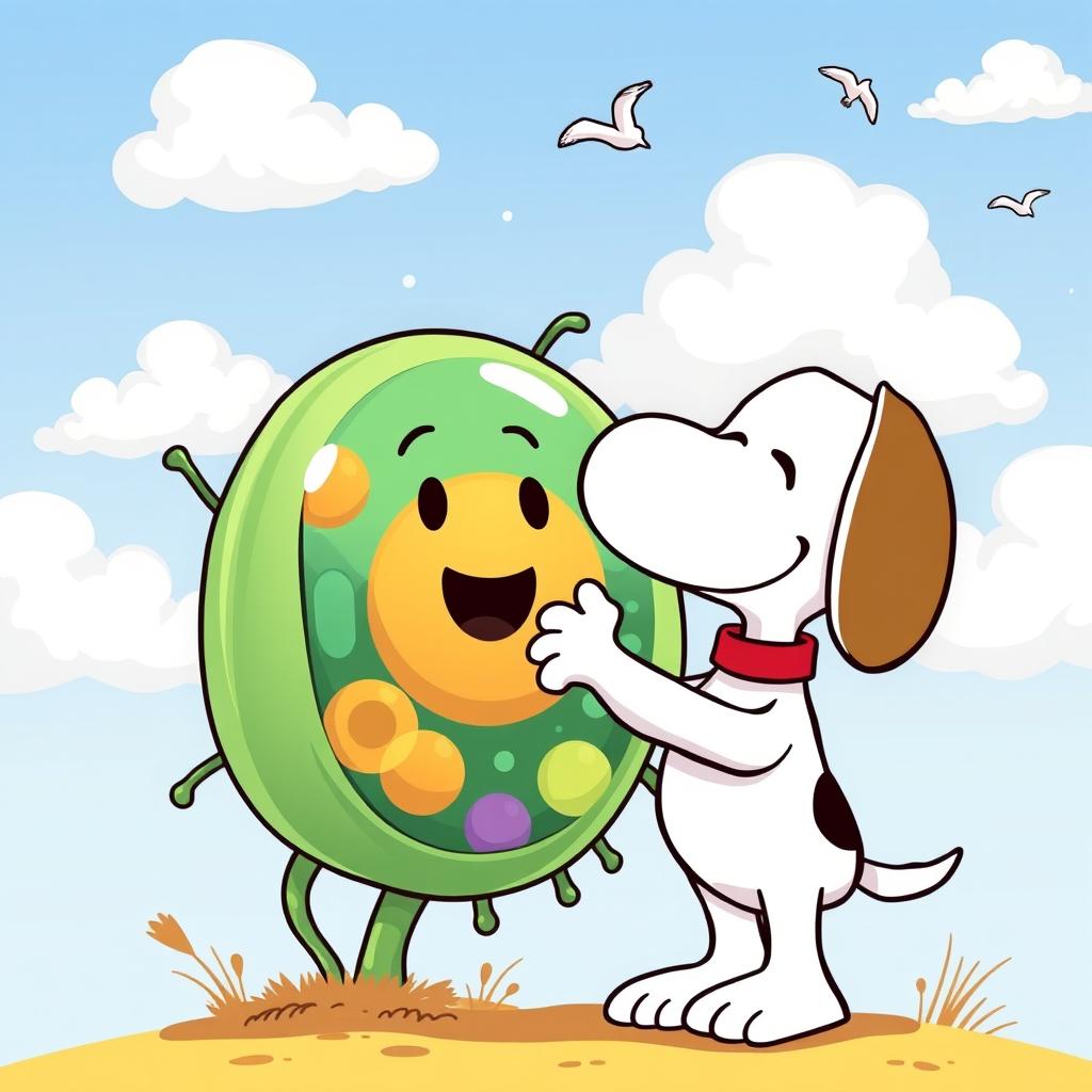 A playful and adorable cartoon illustration of Snoopy, the beloved beagle character from the Peanuts comic strip, interacting with a whimsical cartoon cell