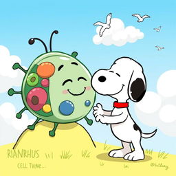 A playful and adorable cartoon illustration of Snoopy, the beloved beagle character from the Peanuts comic strip, interacting with a whimsical cartoon cell