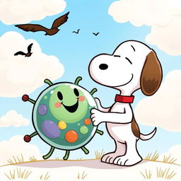 A playful and adorable cartoon illustration of Snoopy, the beloved beagle character from the Peanuts comic strip, interacting with a whimsical cartoon cell