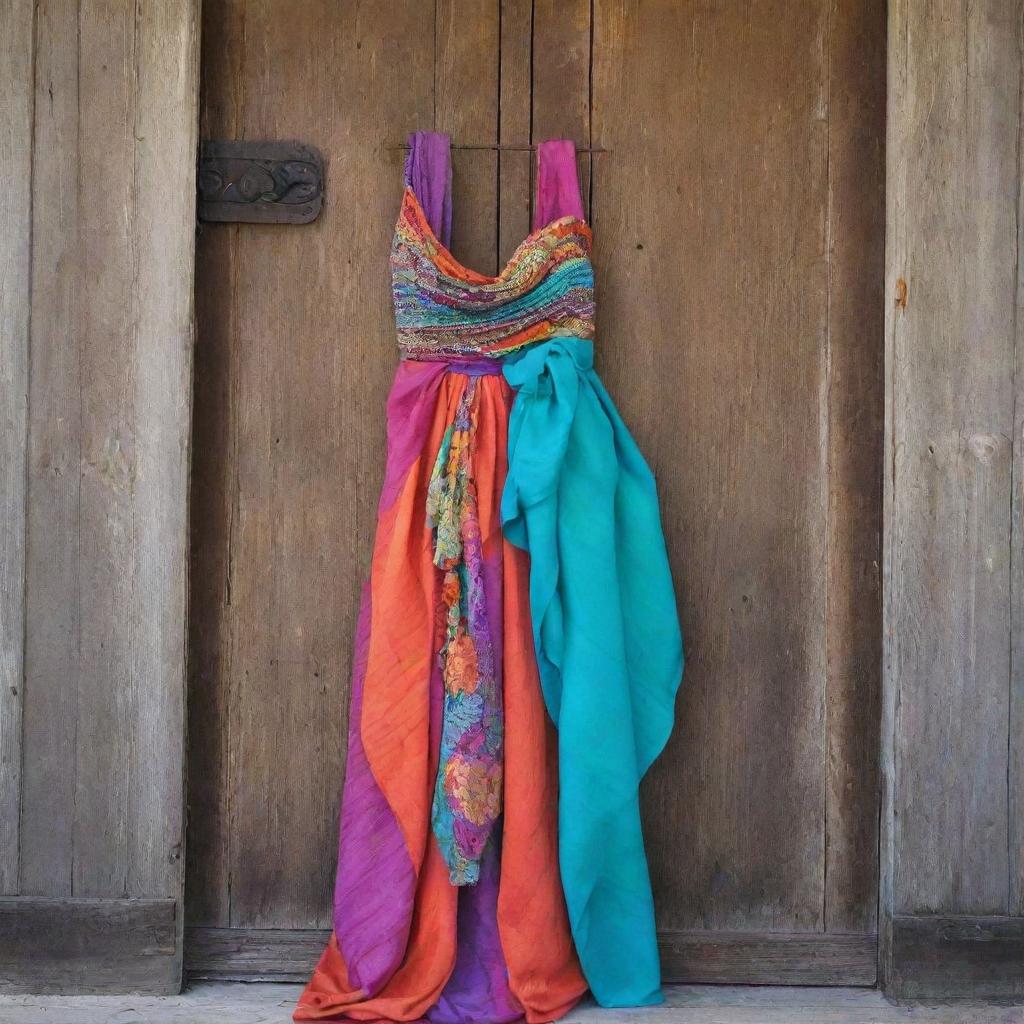 A beautifully designed dress of vibrant colors and textures draped over a rustic wooden door.