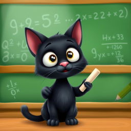 A small black cat with round ears, large white eyes, and a pink nose, standing in front of a green chalkboard in a classroom setting