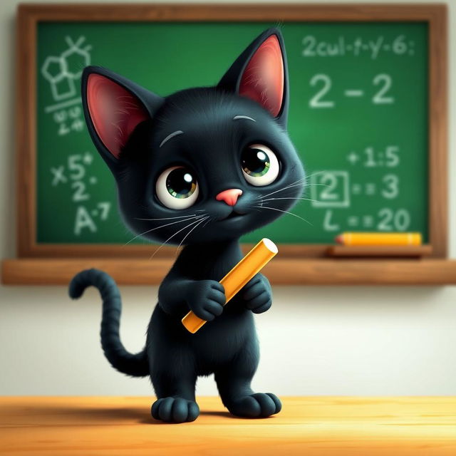 A small black cat with round ears, large white eyes, and a pink nose, standing in front of a green chalkboard in a classroom setting