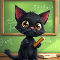 A small black cat with round ears, large white eyes, and a pink nose, standing in front of a green chalkboard in a classroom setting