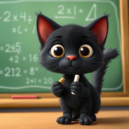 A small black cat with round ears, large white eyes, and a pink nose, standing in front of a green chalkboard in a classroom setting