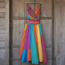 A beautifully designed dress of vibrant colors and textures draped over a rustic wooden door.