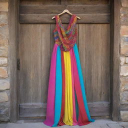 A beautifully designed dress of vibrant colors and textures draped over a rustic wooden door.