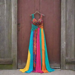 A beautifully designed dress of vibrant colors and textures draped over a rustic wooden door.