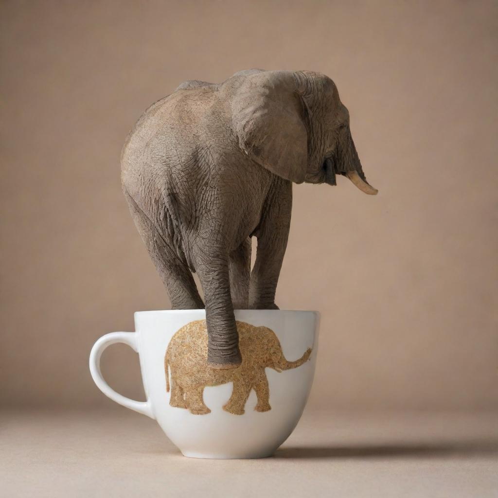 An elephant, its back turned towards us, balancing precariously on an elegant cup