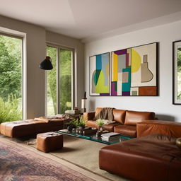 A modern living room filled with natural light, leather sofas, a glass coffee table, vintage rugs, and potted indoor plants. The walls showcase abstract art. A fireplace in the corner adds warmth to the already cozy environment.