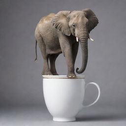 An elephant, its back turned towards us, balancing precariously on an elegant cup