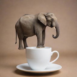 An elephant, its back turned towards us, balancing precariously on an elegant cup