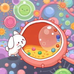 A whimsical and educational illustration depicting cellular endocytosis featuring Pochacco from Sanrio