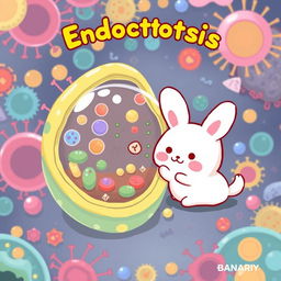 A whimsical and educational illustration depicting cellular endocytosis featuring Pochacco from Sanrio