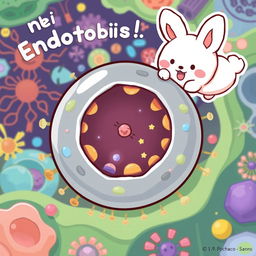 A whimsical and educational illustration depicting cellular endocytosis featuring Pochacco from Sanrio