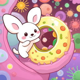 A whimsical and educational illustration depicting cellular endocytosis featuring Pochacco from Sanrio