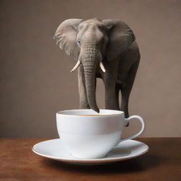 An elephant, its back turned towards us, balancing precariously on an elegant cup