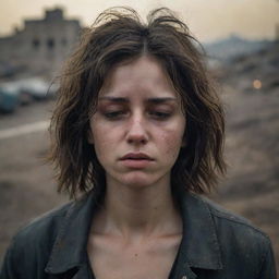 A 16k high-resolution, detailed, photo-realistic image of a melancholic 23-year-old woman with dark messy hair, closed eyes, tears on her eyelashes, and tear-tracks on her dirt-smudged face. The backdrop is a war-torn city, captured in low light, evoking the style of James Nachtwey's photographs.