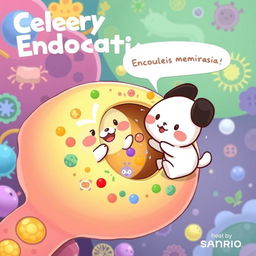 A whimsical and educational illustration depicting cellular endocytosis featuring Pochacco from Sanrio, a cute white dog character with black ears