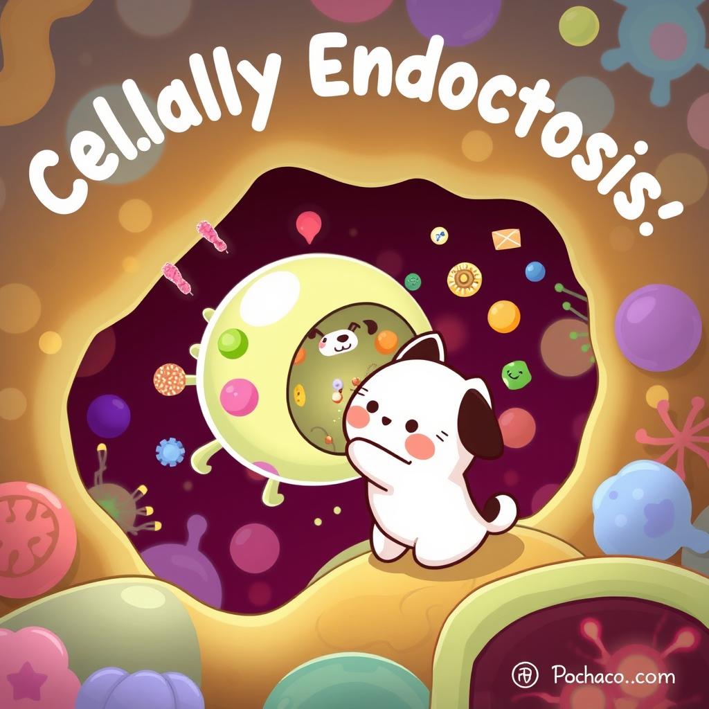 A whimsical and educational illustration depicting cellular endocytosis featuring Pochacco from Sanrio, a cute white dog character with black ears