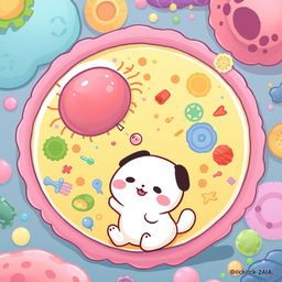 A whimsical and educational illustration depicting cellular endocytosis featuring Pochacco from Sanrio, a cute white dog character with black ears