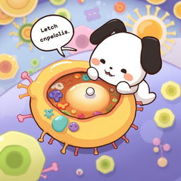 A whimsical and educational illustration depicting cellular endocytosis featuring Pochacco from Sanrio, a cute white dog character with black ears