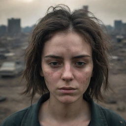 A 16k high-resolution, detailed, photo-realistic image of a melancholic 23-year-old woman with dark messy hair, closed eyes, tears on her eyelashes, and tear-tracks on her dirt-smudged face. The backdrop is a war-torn city, captured in low light, evoking the style of James Nachtwey's photographs.