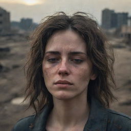 A 16k high-resolution, detailed, photo-realistic image of a melancholic 23-year-old woman with dark messy hair, closed eyes, tears on her eyelashes, and tear-tracks on her dirt-smudged face. The backdrop is a war-torn city, captured in low light, evoking the style of James Nachtwey's photographs.