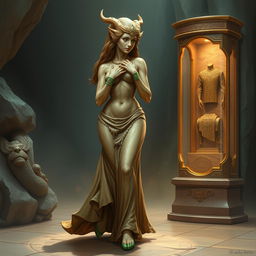 A breathtaking fantasy illustration of Dranni, a stone figure representing sinewy strength crafted from sandstone, with hands and feet intricately formed from vibrant malachite