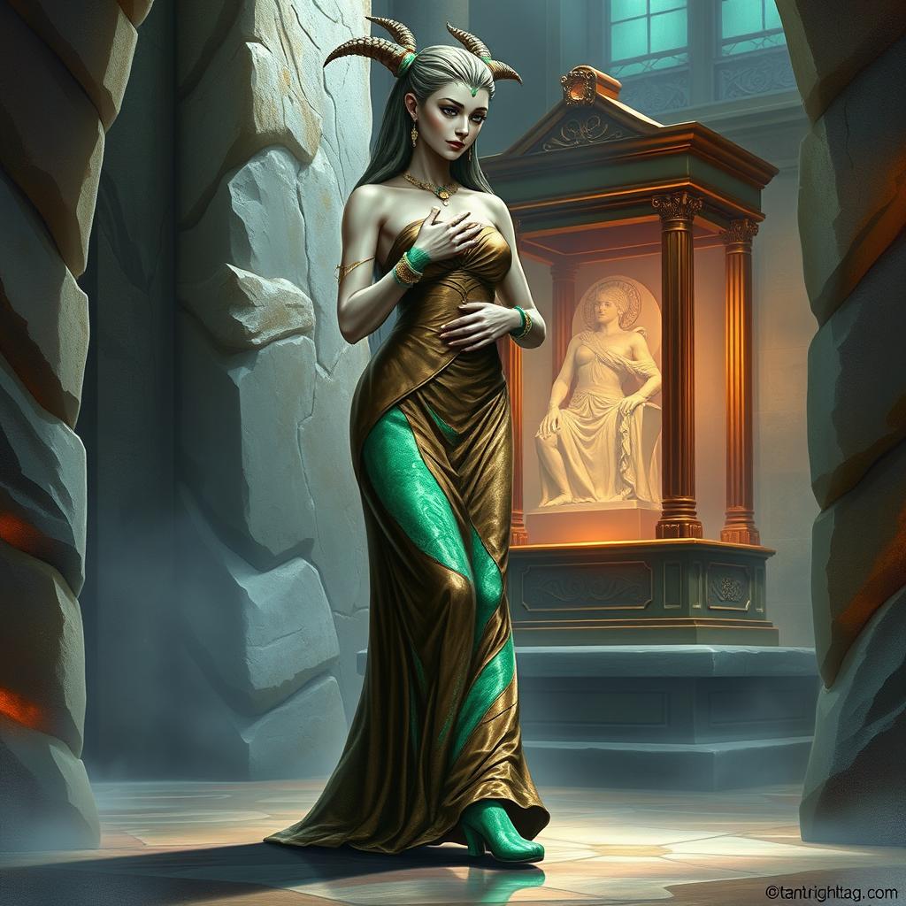 A breathtaking fantasy illustration of Dranni, a stone figure representing sinewy strength crafted from sandstone, with hands and feet intricately formed from vibrant malachite