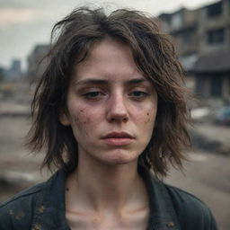 A 16k high-resolution, detailed, photo-realistic image of a melancholic 23-year-old woman with dark messy hair, closed eyes, tears on her eyelashes, and tear-tracks on her dirt-smudged face. The backdrop is a war-torn city, captured in low light, evoking the style of James Nachtwey's photographs.