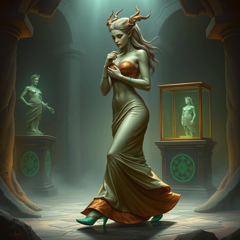 A breathtaking fantasy illustration of Dranni, a stone figure representing sinewy strength crafted from sandstone, with hands and feet intricately formed from vibrant malachite