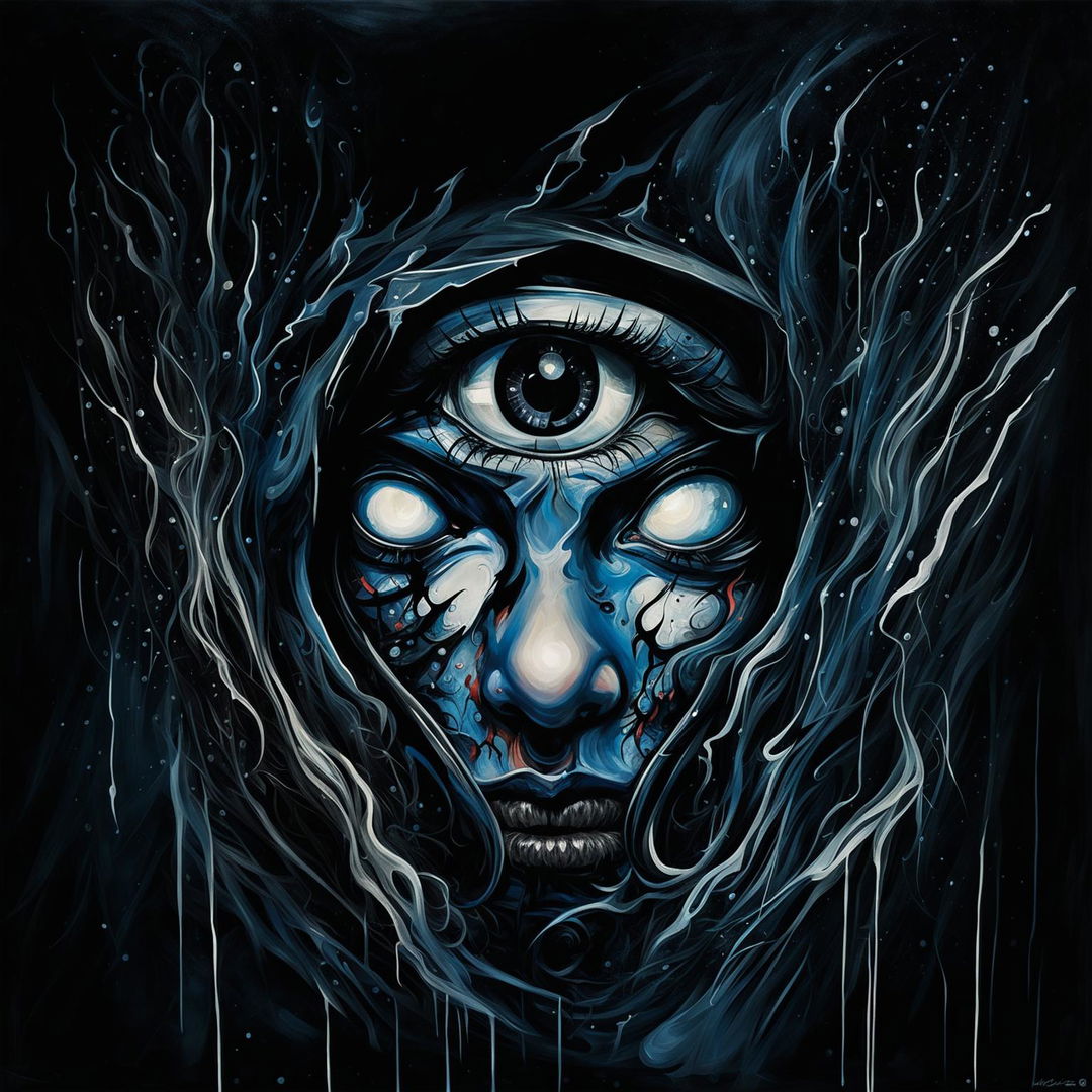 Intense album art featuring striking blue eyes peering through a black balaclava against a chaotic background.