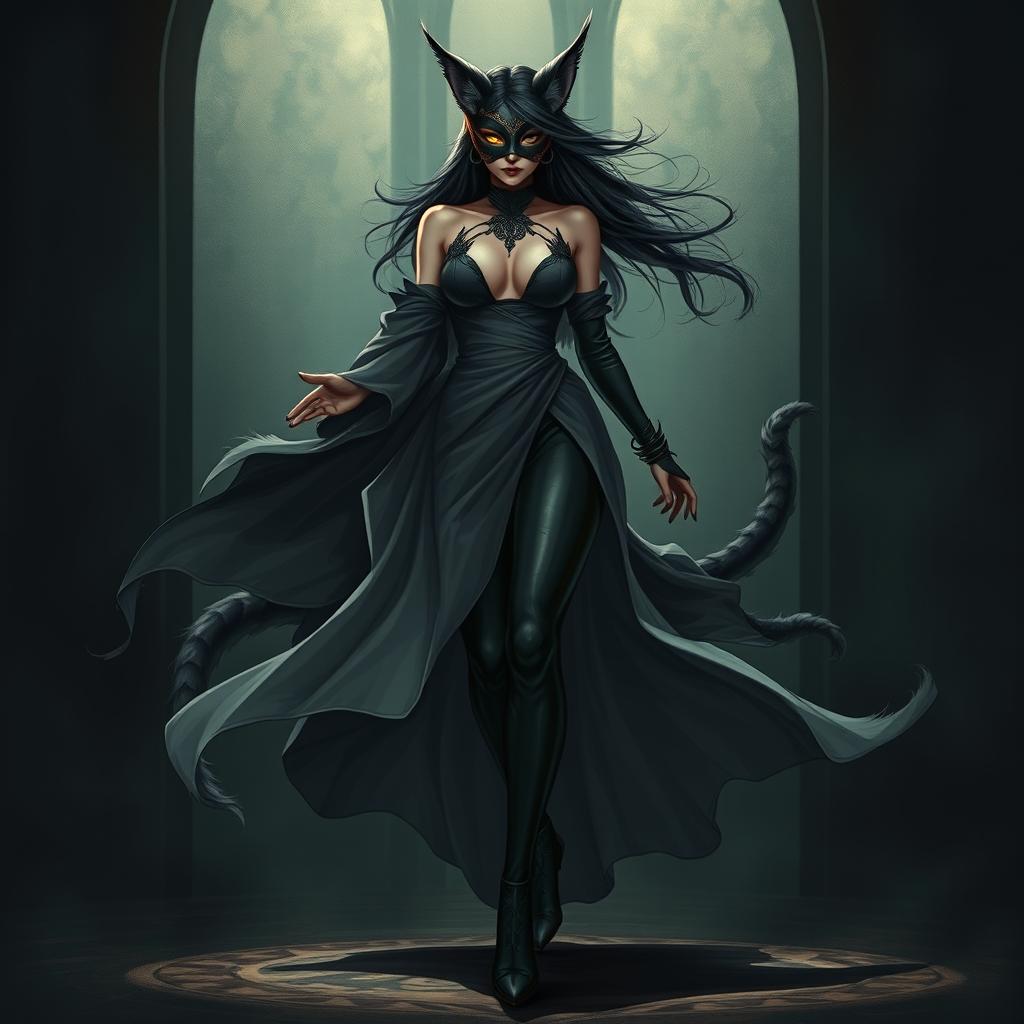 A striking fantasy illustration of Kaxka, a feminine figure who emerges from the darkness with a commanding allure