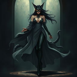 A striking fantasy illustration of Kaxka, a feminine figure who emerges from the darkness with a commanding allure